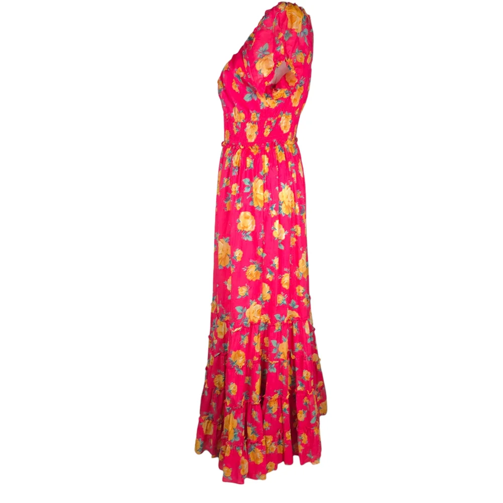 NEW Betsey Johnson Reddish Pink Color with Yellow Rose Print Maxi Dress size L - Picture 4 of 14